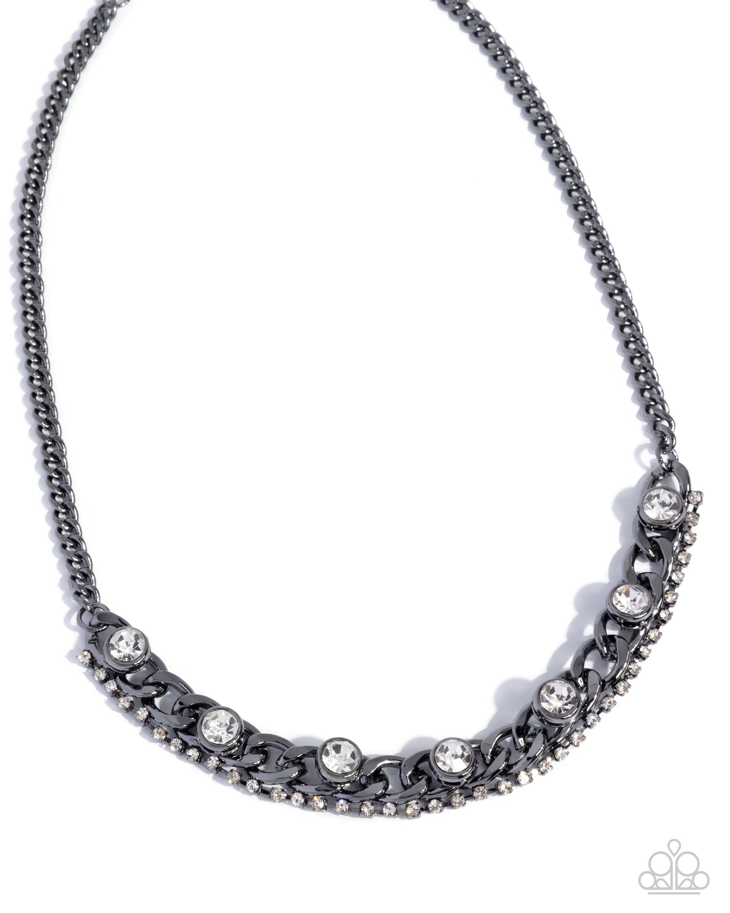 Paparazzi Sassy Sensation - Black Gunmetal Curb Chain White Gem Necklace N4016