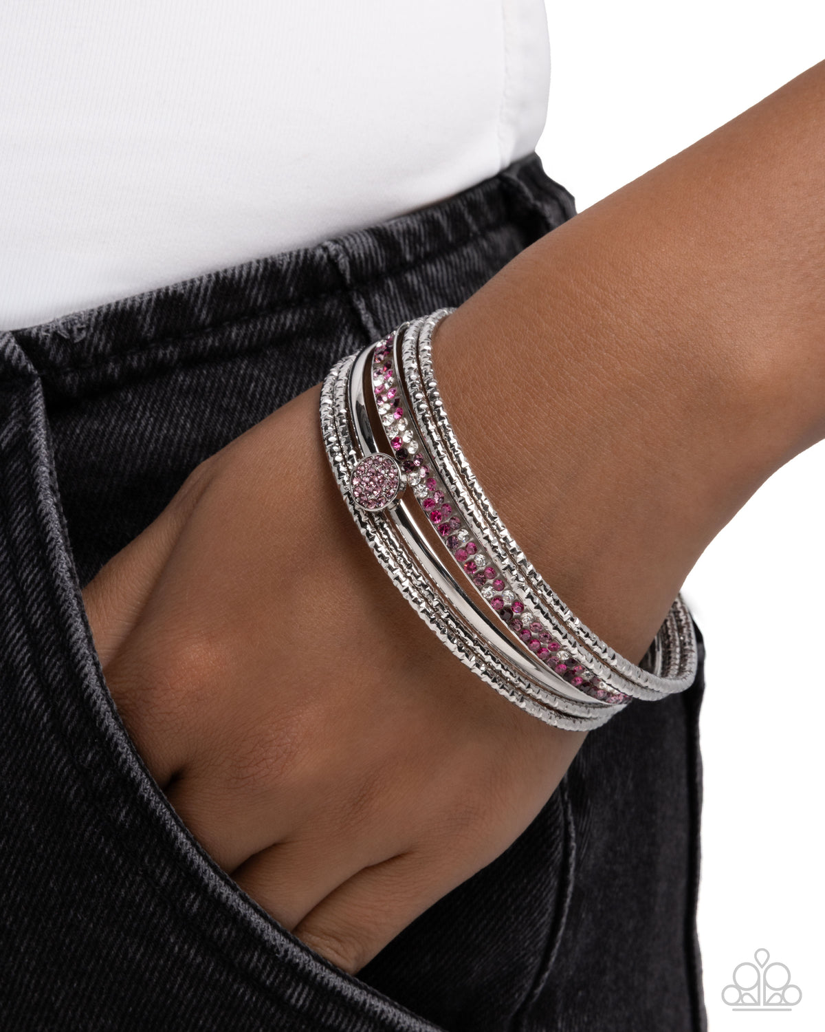Paparazzi Timeless Test - Purple Multicolored Rhinestone & Silver Set Of 6 Bangle Bracelets
