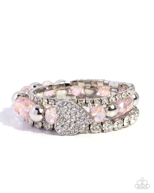 Paparazzi Heartfelt Heiress - Pink UV Shimmery, Silver Bead & White Rhinestone Heart Set Of 3 Stretch Bracelets B2699