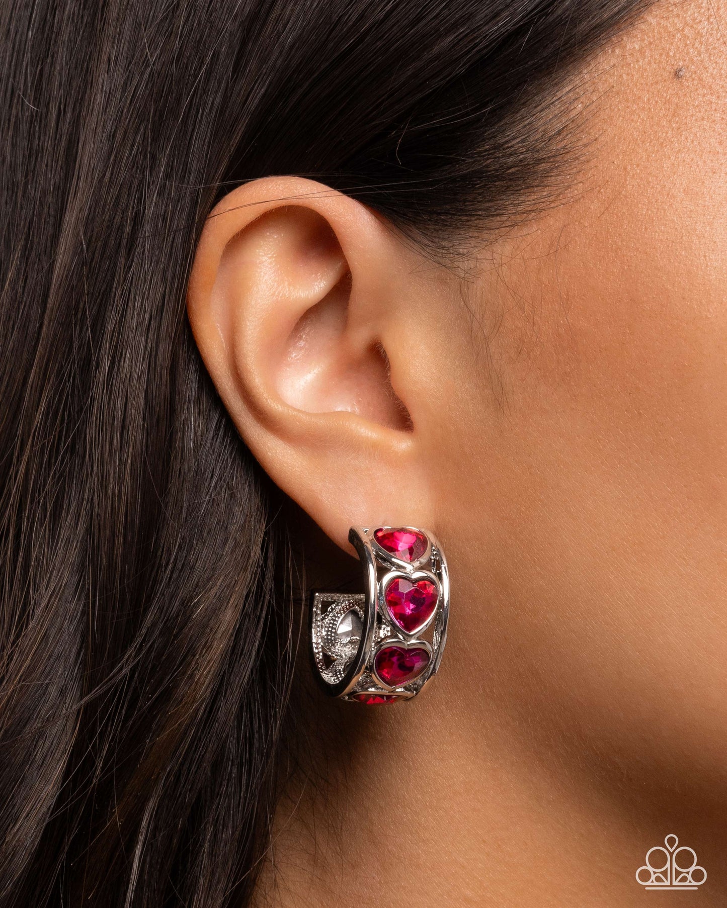 Paparazzi Heartfelt Homage - Pink Fuchsia Gem Heart 1 Inch Hoop Earring E3307