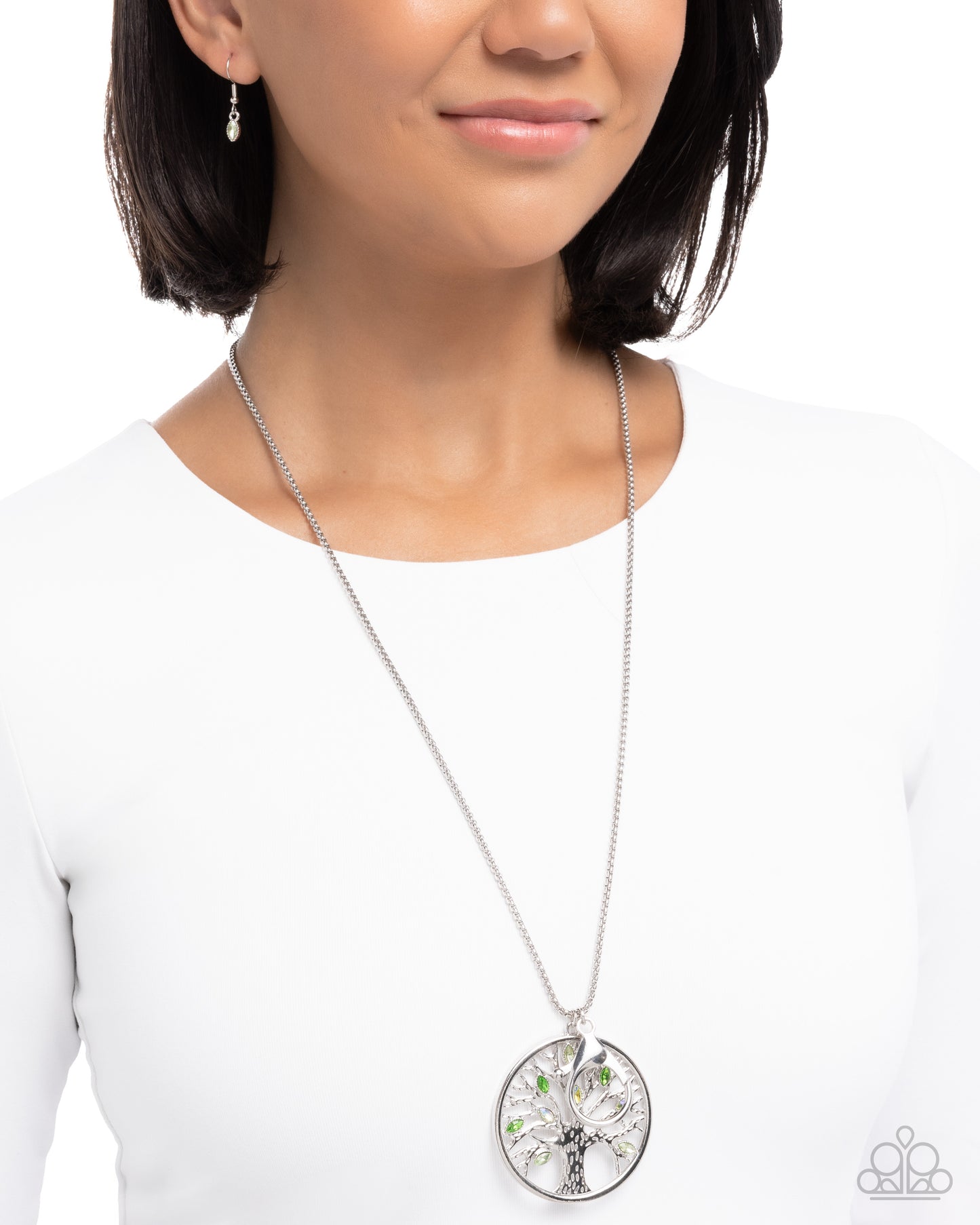 Paparazzi Tailored Tree - Green Multicolored & UV Shimmery Gem Silver Tree Lanyard Necklace N3962