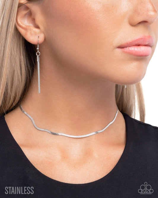 Paparazzi Illusive Industry - Silver Stainless Steel Flattened Snake Chain Choker Necklace