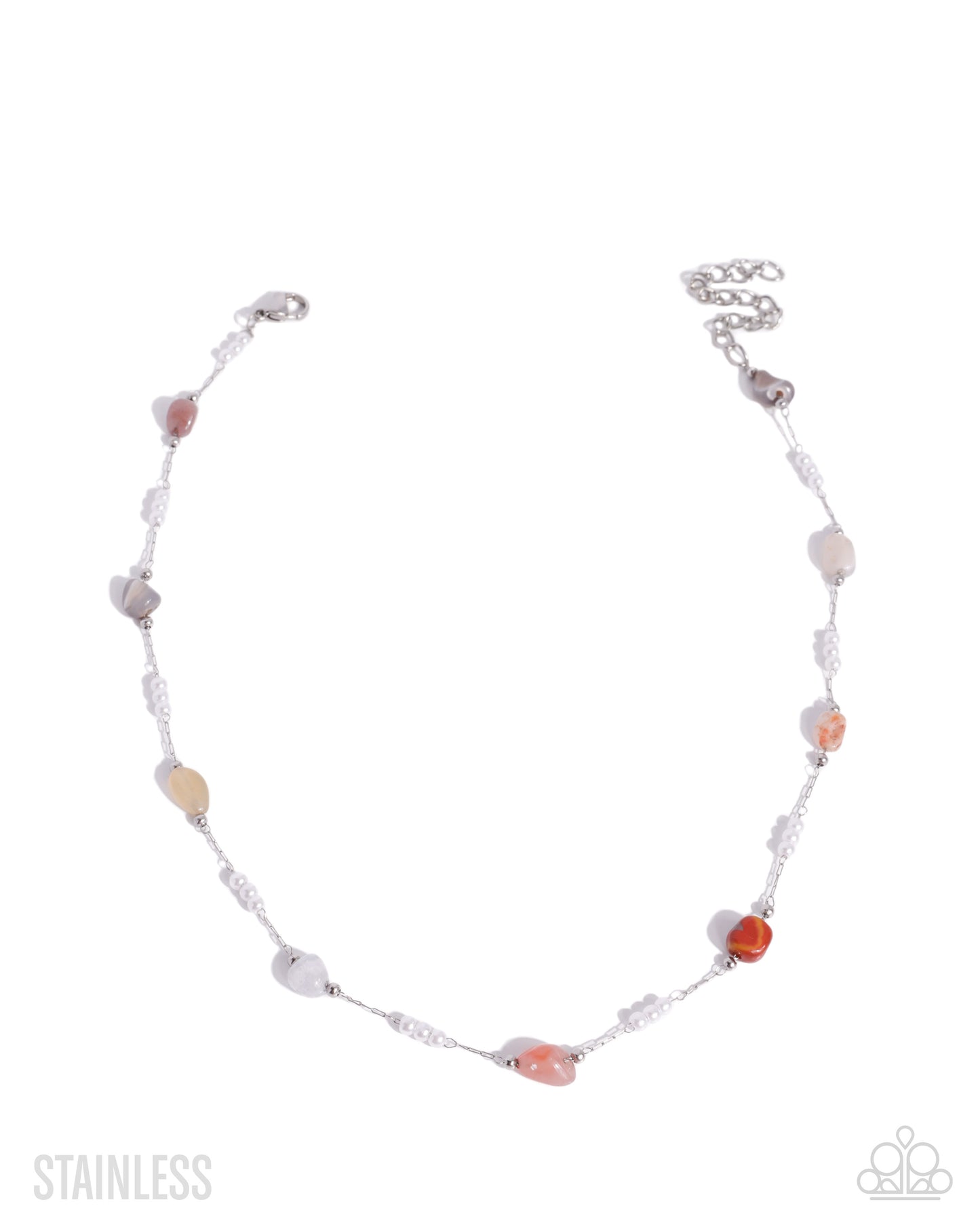 Paparazzi Surreal Sunset - Brown Stone, White Pearl Silver Stainless Steel Choker Necklace N3897