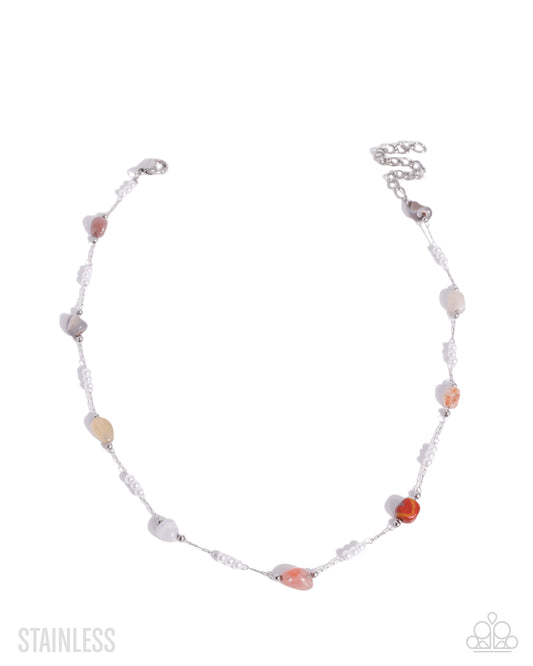Paparazzi Surreal Sunset - Brown Stone, White Pearl Silver Stainless Steel Choker Necklace N3897
