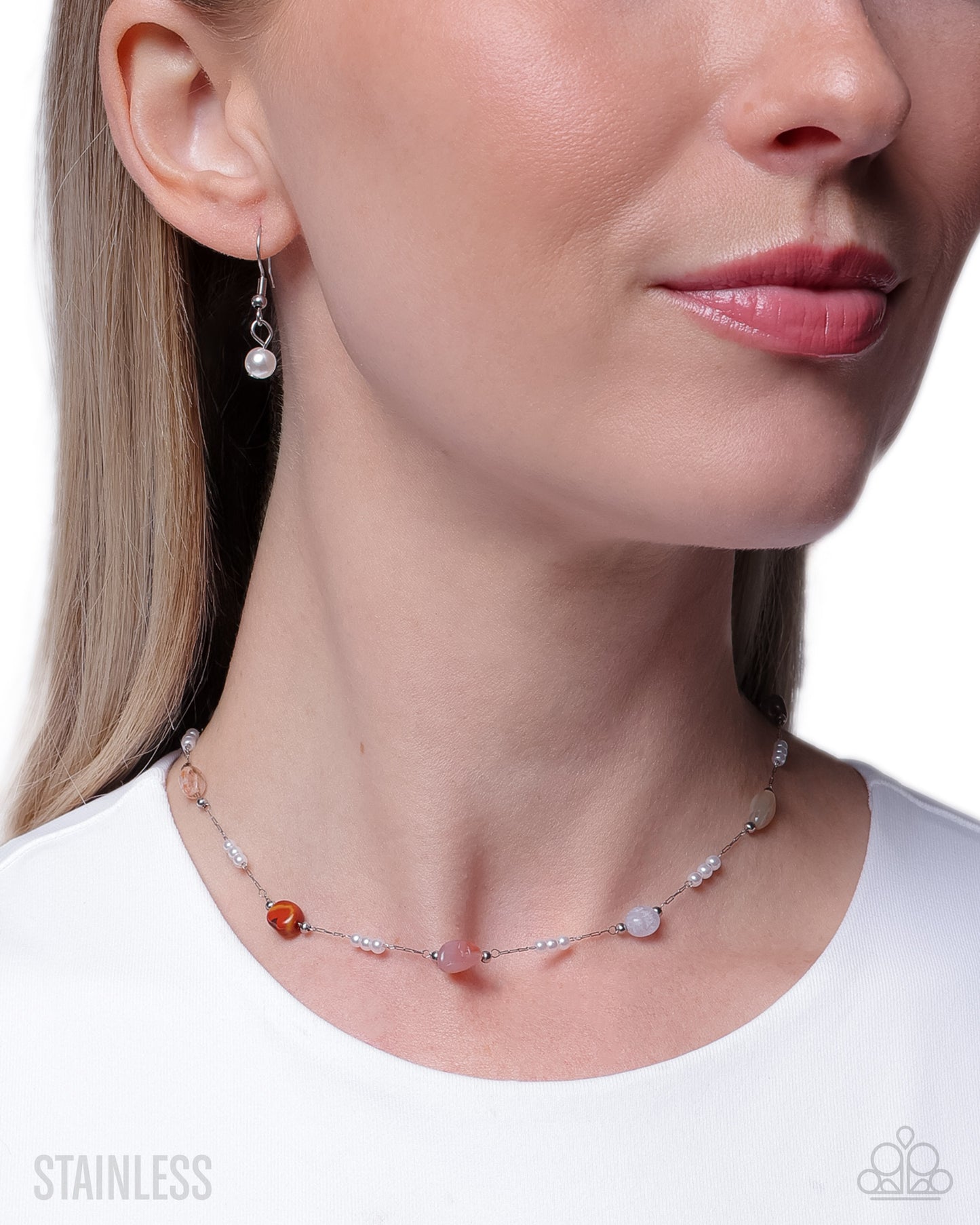 Paparazzi Surreal Sunset - Brown Stone, White Pearl Silver Stainless Steel Choker Necklace N3897