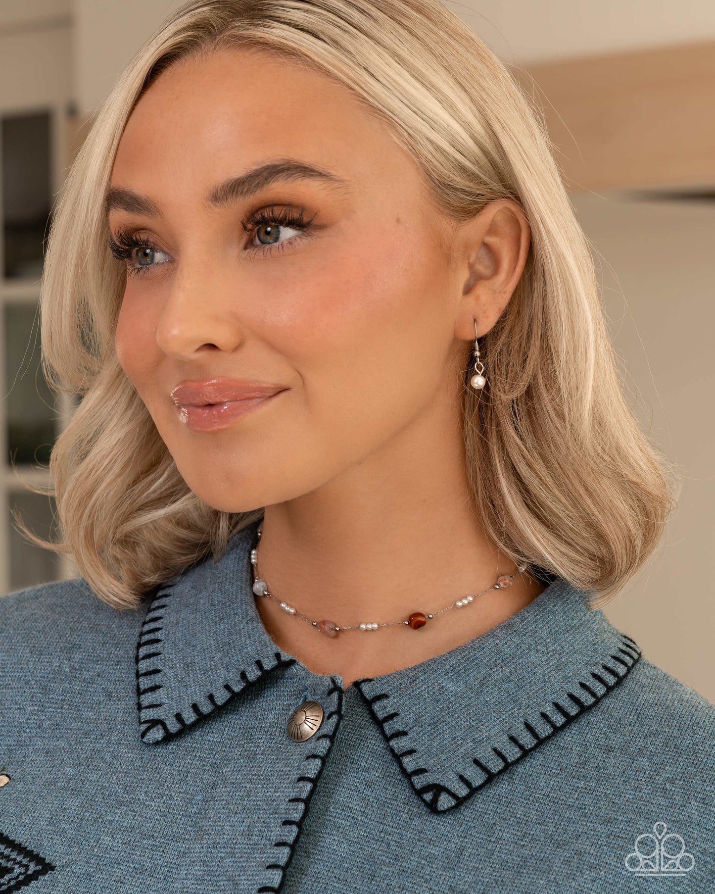Paparazzi Surreal Sunset - Brown Stone, White Pearl Silver Stainless Steel Choker Necklace N3897