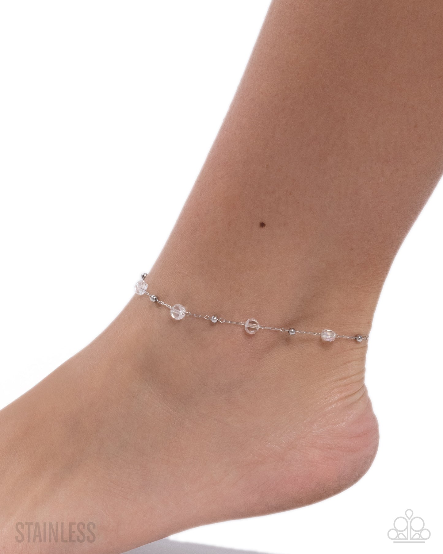 Paparazzi Defaced Dedication - White Transparent Bead Stainless Steel Satellite Chain Anklet B2526