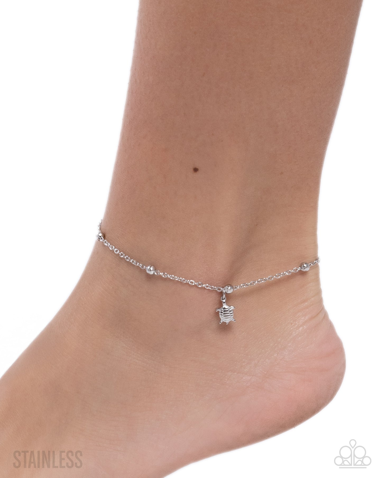 Paparazzi Turtle Timbre - Silver Stainless Steel Satellite Chain Turtle Anklet B2534