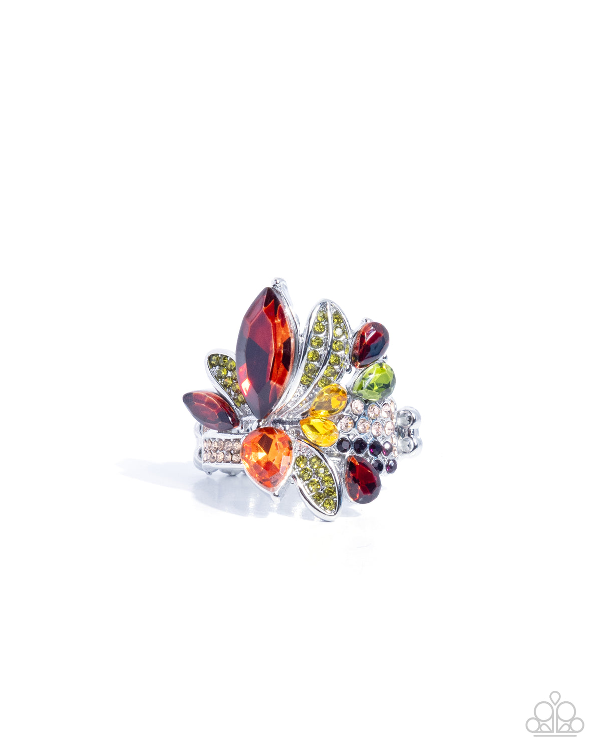 Paparazzi Captivating Cluster - Brown, Light Peach, Amethyst Rhinestone Silver Leaf Ring