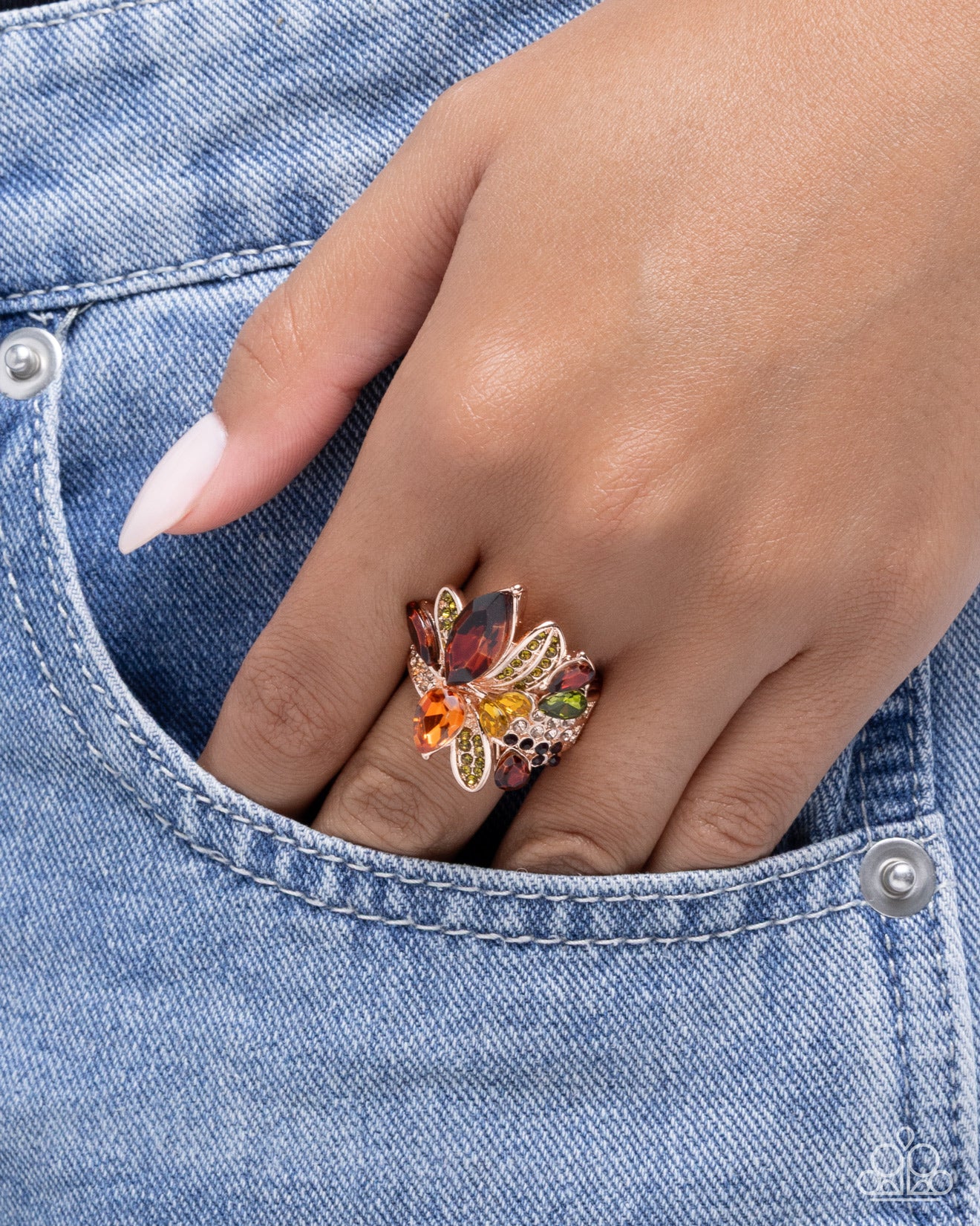 Paparazzi Captivating Cluster - Rose Gold, Light Peach, Amethyst, Olive Rhinestone Ring R1307