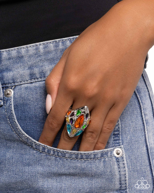 Paparazzi Treasured Tapestry - Orange, Blue, Green White Rhinestone Silver Cocktail Style Ring