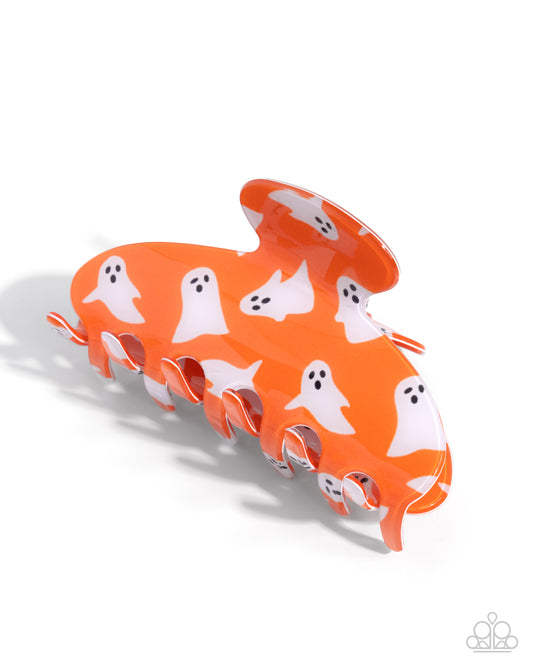 Ghostly Greeting - Orange & White Ghost Halloween Inspired Hair Claw Clip Paparazzi