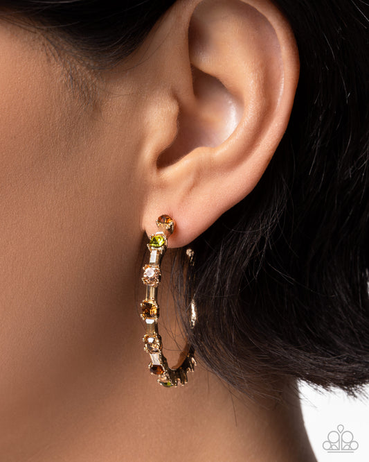 Paparazzi Prettily Positioned - Gold & Multicolored Cubic Zirconia Gem 1 1/2 Inch Hoop Earring