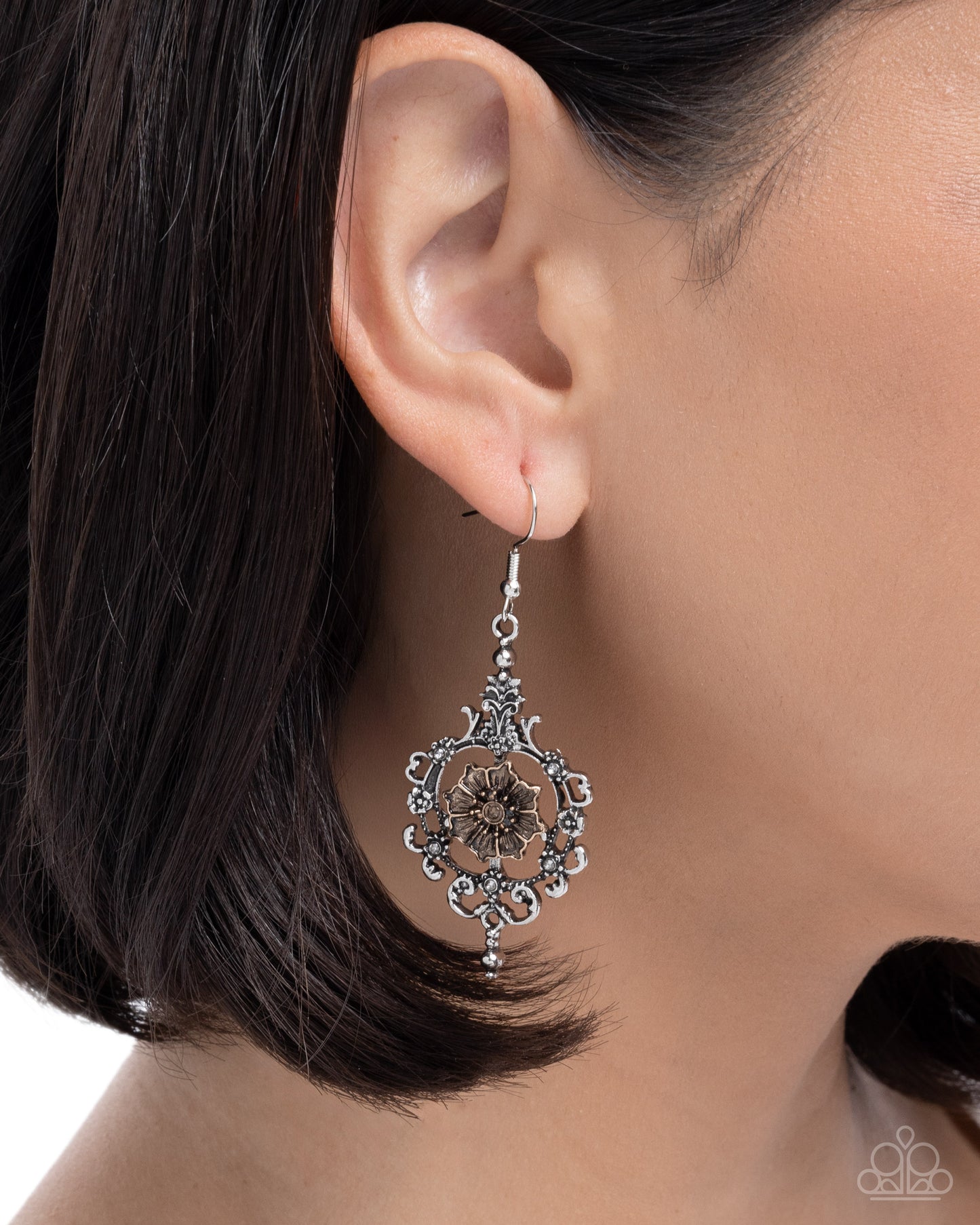 Paparazzi Antique Abloom - Silver Filigree & Antiqued Gold Floral Earring E3236