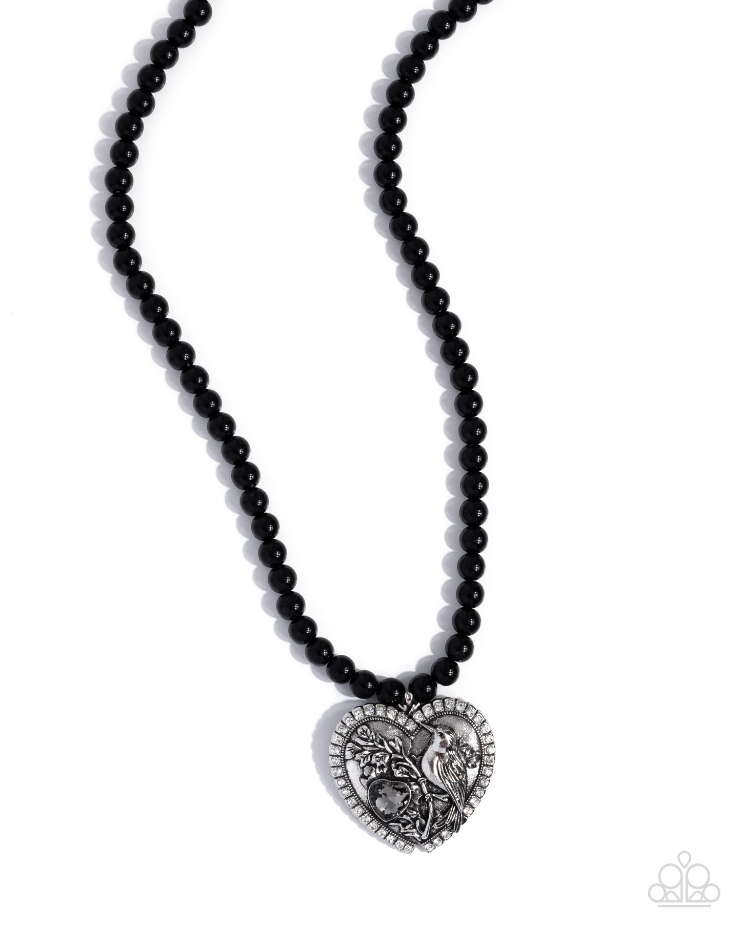Paparazzi Heartfelt Hummingbird - Black Bead Silver Bird Heart Necklace N3863