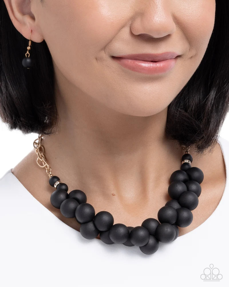 Paparazzi Clustered Court Black Bead, Gold Link & White Rhinestone Necklace N4092