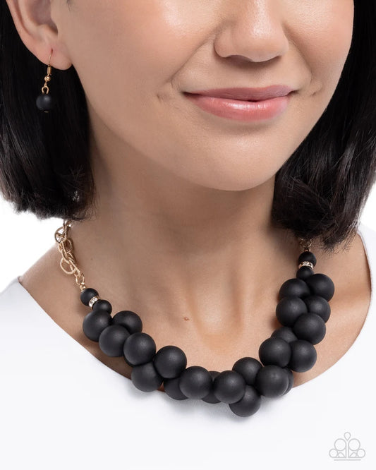 Paparazzi Clustered Court Black Bead, Gold Link & White Rhinestone Necklace N4092