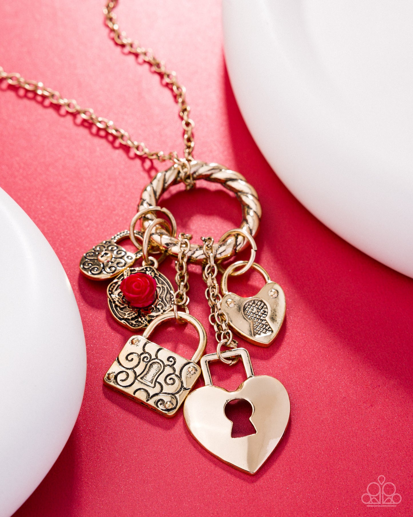 Paparazzi Leisure Locks - Red Rose, Antiqued Gold Heart Padlock Charm Necklace N3967