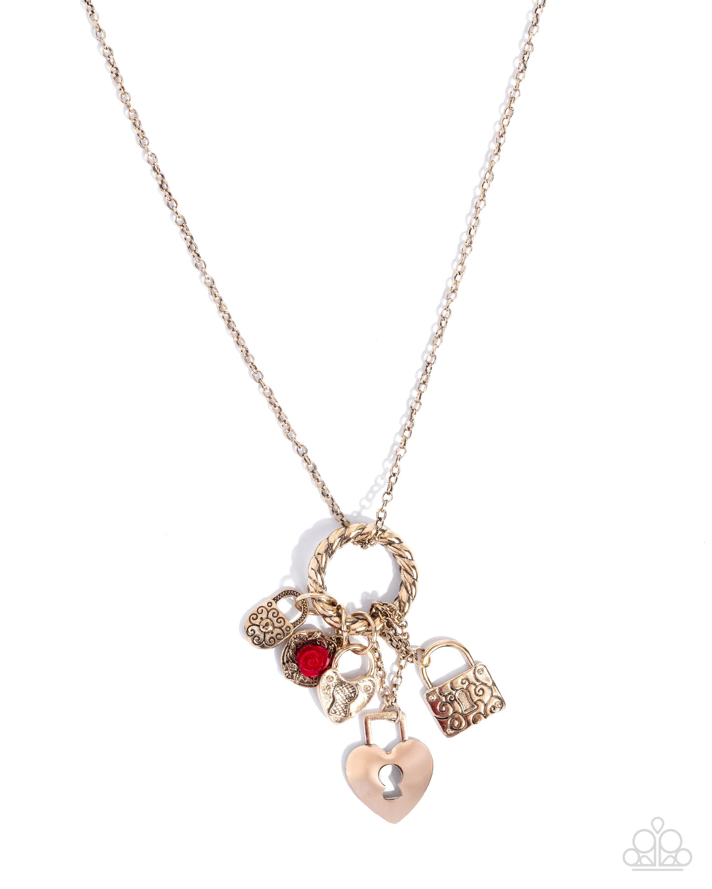 Paparazzi Leisure Locks - Red Rose, Antiqued Gold Heart Padlock Charm Necklace N3967