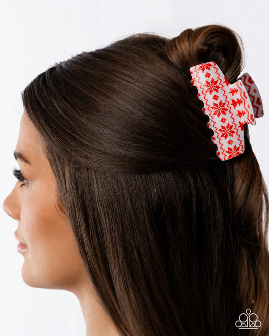 Paparazzi Sweater Style - Red Snowflake, Trees, Christmas Sweater Inspired Hair Claw Clip