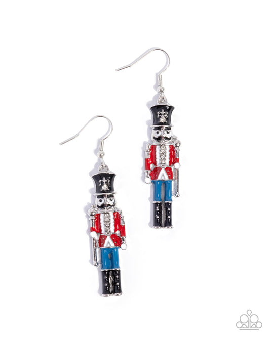 Paparazzi Nutcracker Nuance - Red, Black & White Rhinestone Christmas Nutcracker Earring