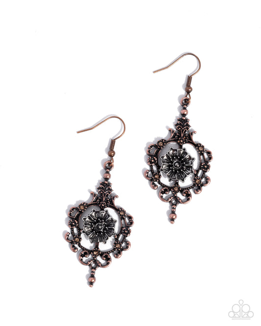 Paparazzi Antique Abloom - Copper Floral Filigree Silver Flower Earring E3265