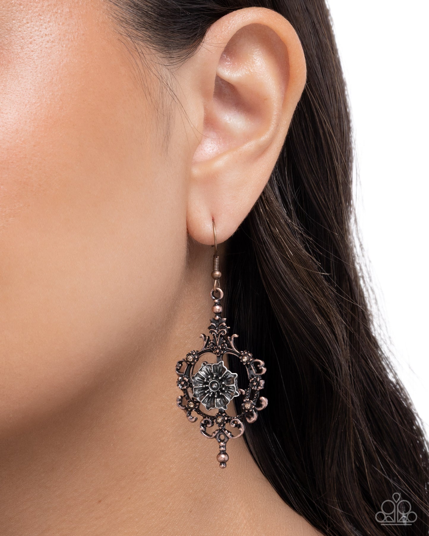 Paparazzi Antique Abloom - Copper Floral Filigree Silver Flower Earring E3265