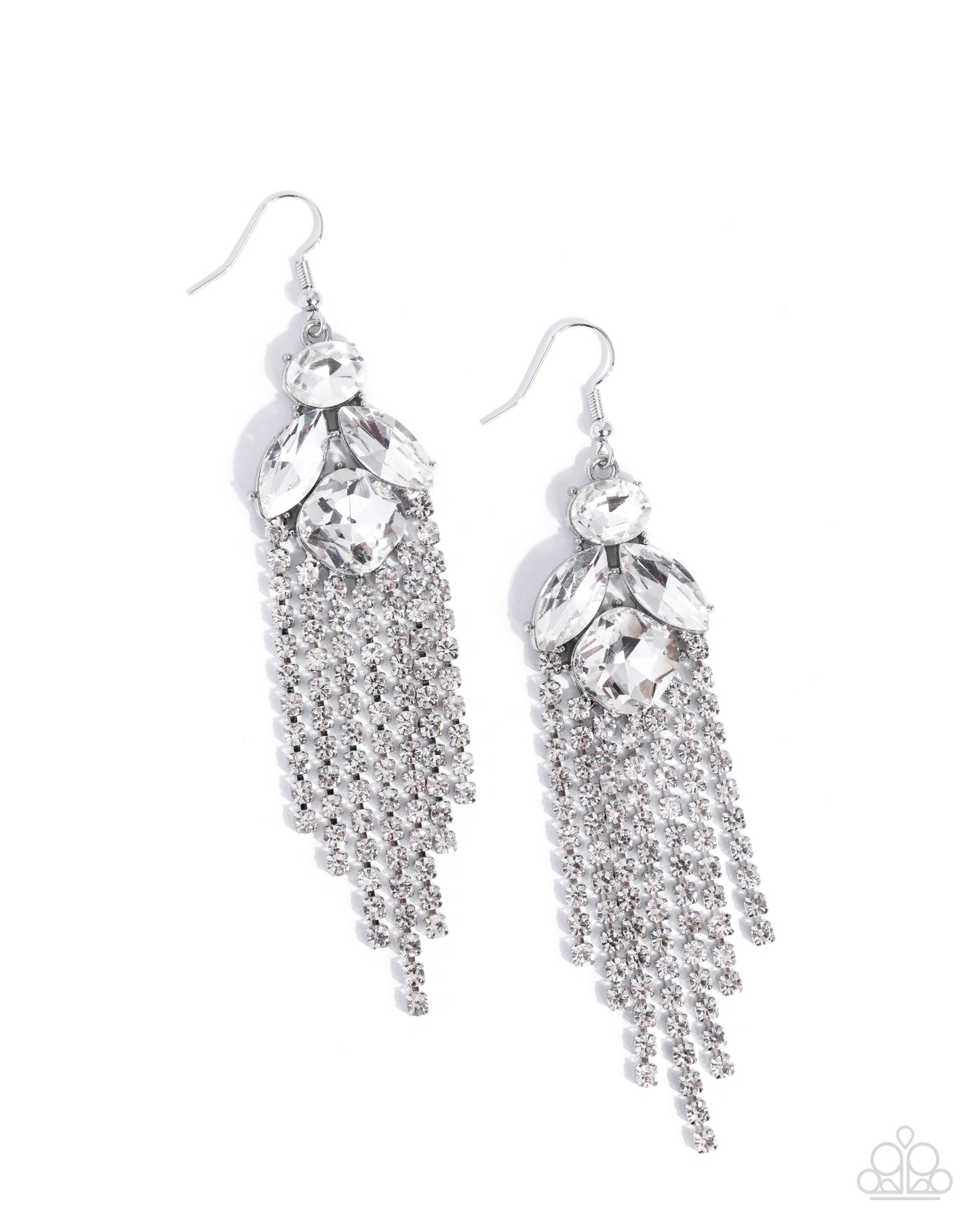 Paparazzi Sound Shimmer - White Asscher Cut Gem & Rhinestone Fringe Chandelier Style Earring