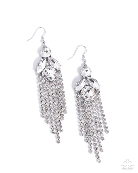 Paparazzi Sound Shimmer - White Asscher Cut Gem & Rhinestone Fringe Chandelier Style Earring