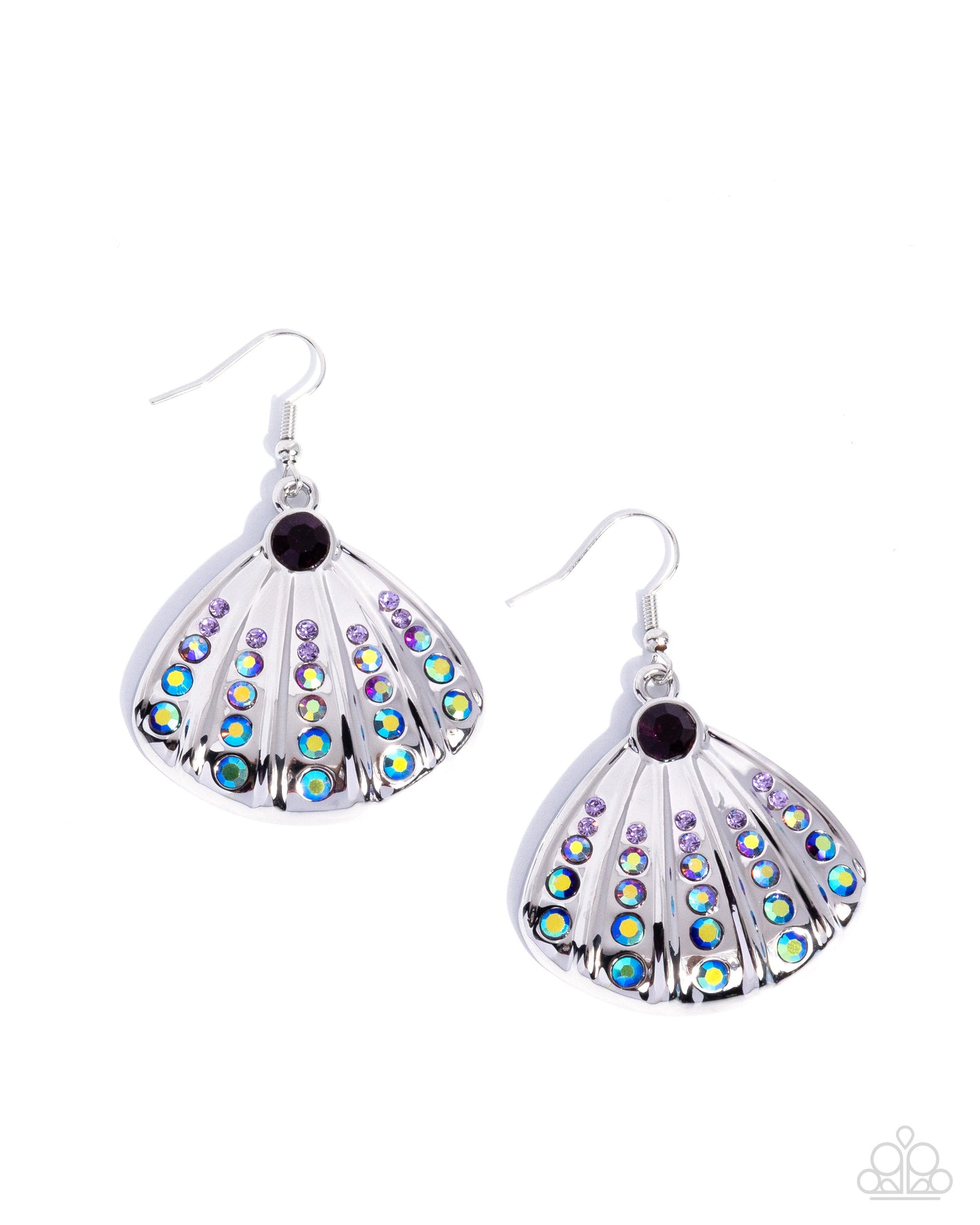 Paparazzi Sophisticated Seashell - Purple Violet, Light Amethyst Iridescent Rhinestone Silver Shell Earring E3379