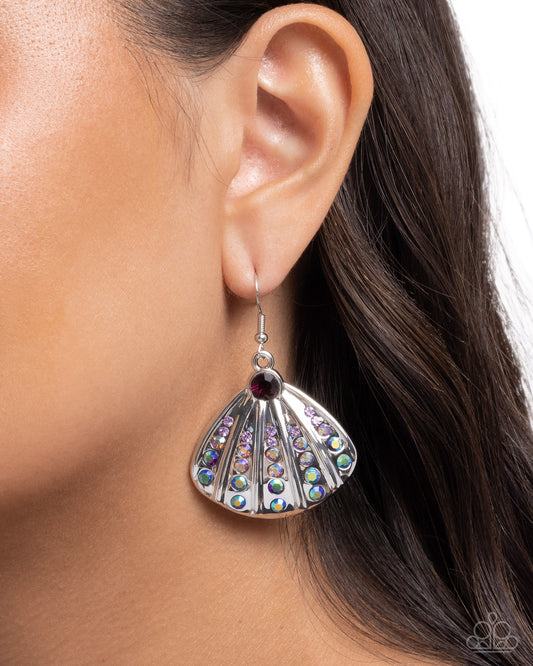 Paparazzi Sophisticated Seashell - Purple Violet, Light Amethyst Iridescent Rhinestone Silver Shell Earring E3379
