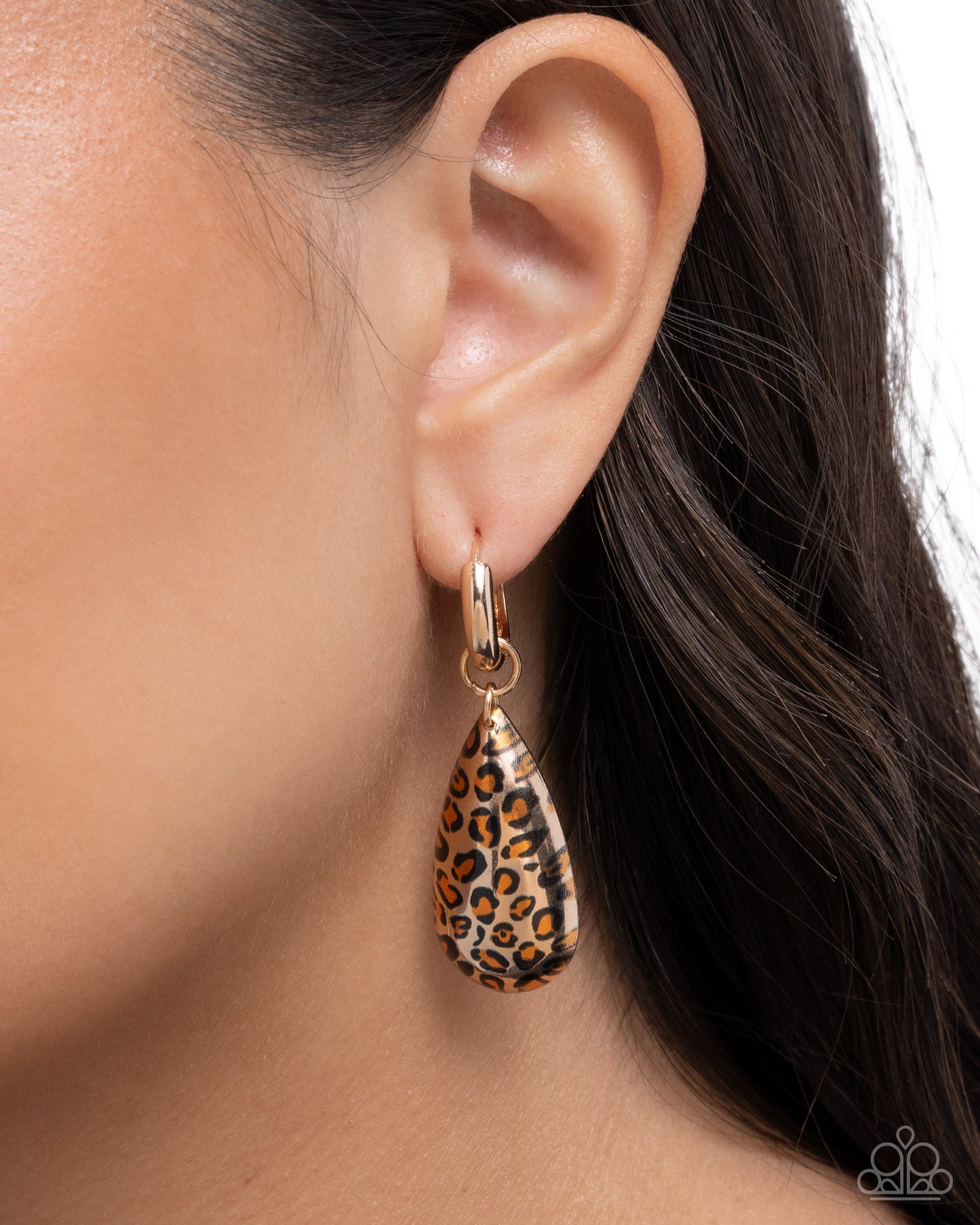 Paparazzi Caged Cheetah - Gold Cheetah Print Teardrop 3/4 Inch Hoop Earring