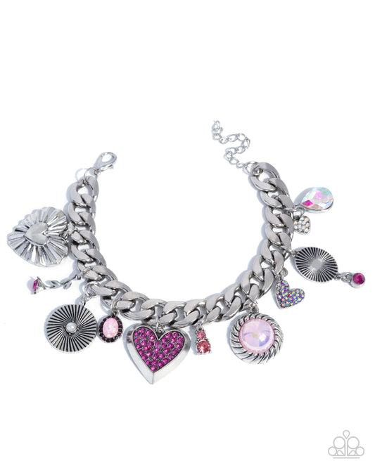 Paparazzi Massively Malibu - Pink Fuchsia Rhinestone, White Pearl, Heart Charm Bracelet B2543