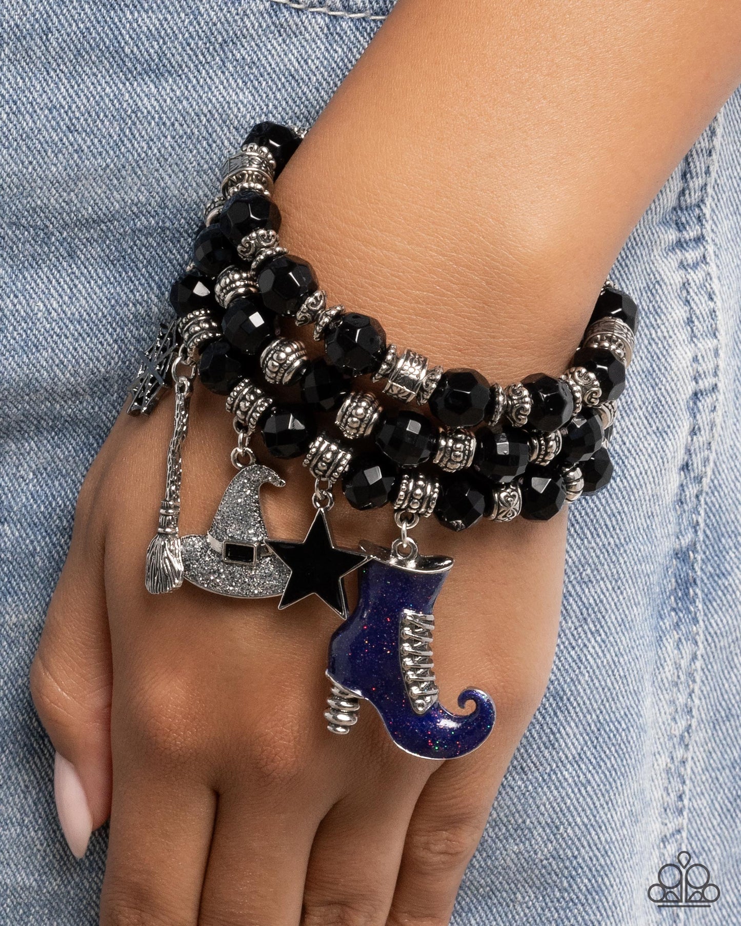 Witchs Night Out - Multi Gunmetal, Silver, Purple Halloween Charm Style Stretch Bracelet Set Of 3 Paparazzi B2438