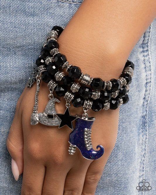 Witchs Night Out - Multi Gunmetal, Silver, Purple Halloween Charm Style Stretch Bracelet Set Of 3 Paparazzi B2438