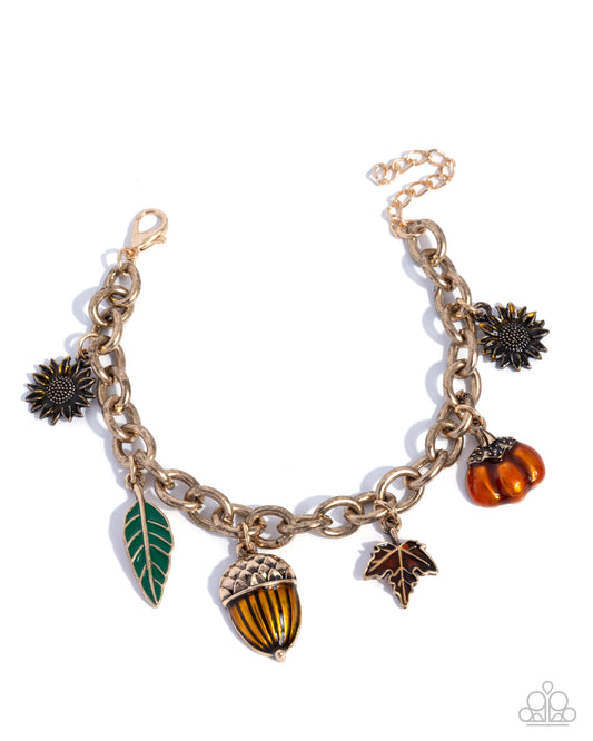 Paparazzi Autumnal Advance - Multicolored Thanksgiving Fall Charm Style Antiqued Gold Bracelet