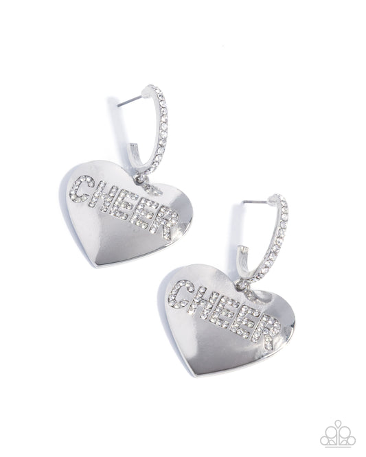 Paparazzi Shimmery Spotter - White Rhinestone "CHEER" Sport Cheerleading Silver Earring E2417