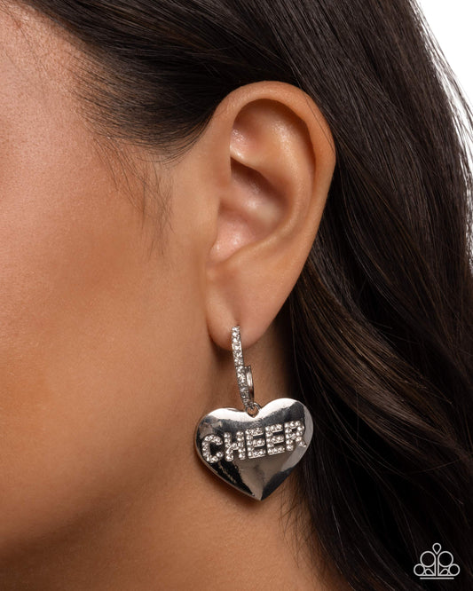 Paparazzi Shimmery Spotter - White Rhinestone "CHEER" Sport Cheerleading Silver Earring E2417