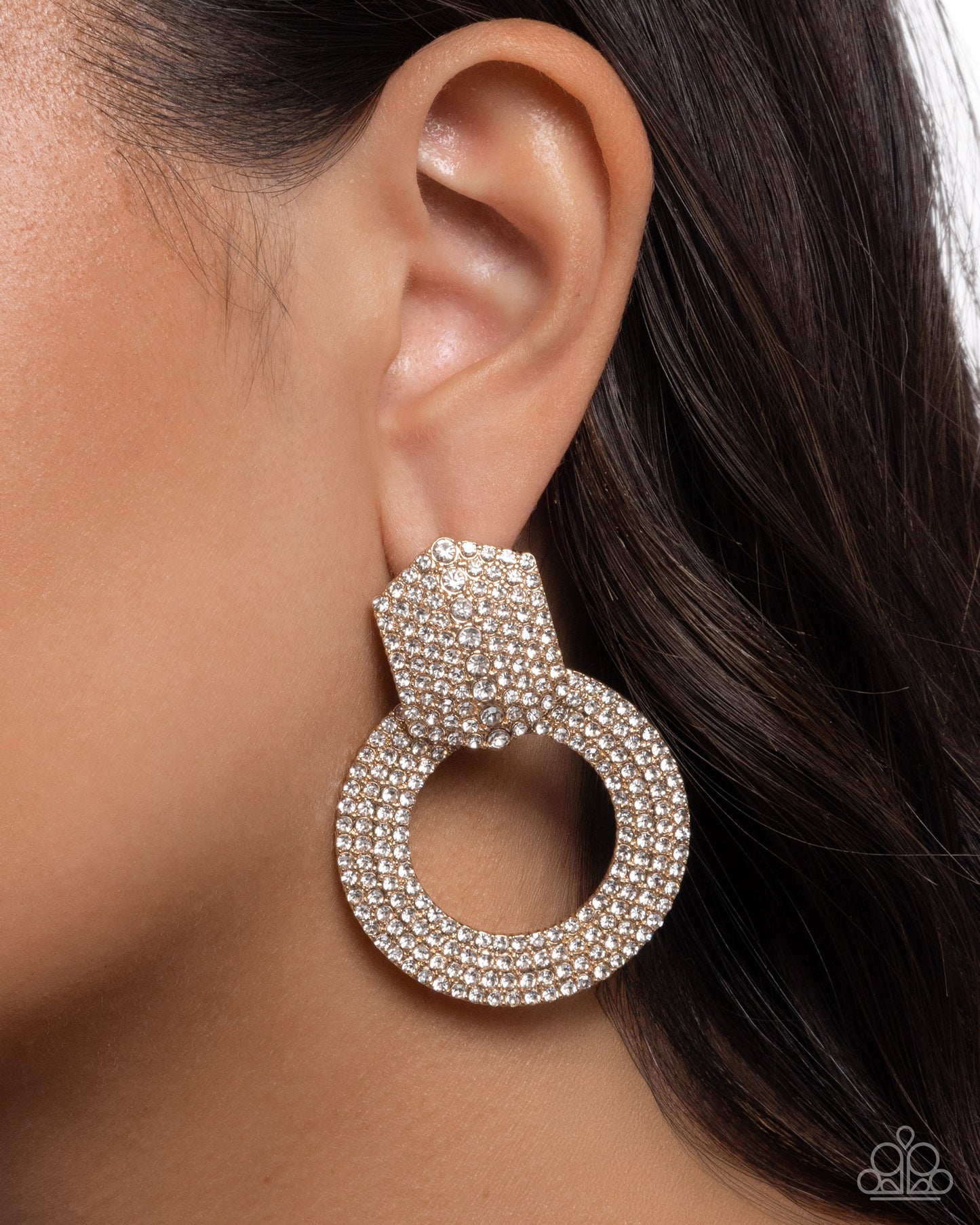 Paparazzi Sparkly Safeguard - Gold & White Rhinestone Post Earring E3329