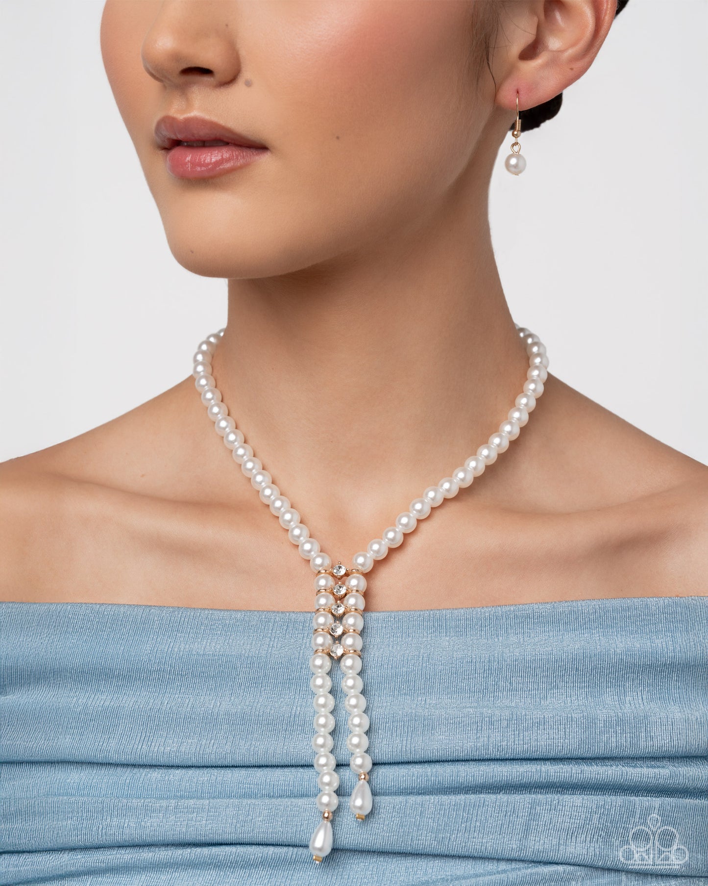 Paparazzi Paid in Pearls - Gold Fittings, White Pearls & Rhinestone Pearl Prowess Necklace & Pearl Potential Gold Stretch Bracelet Set