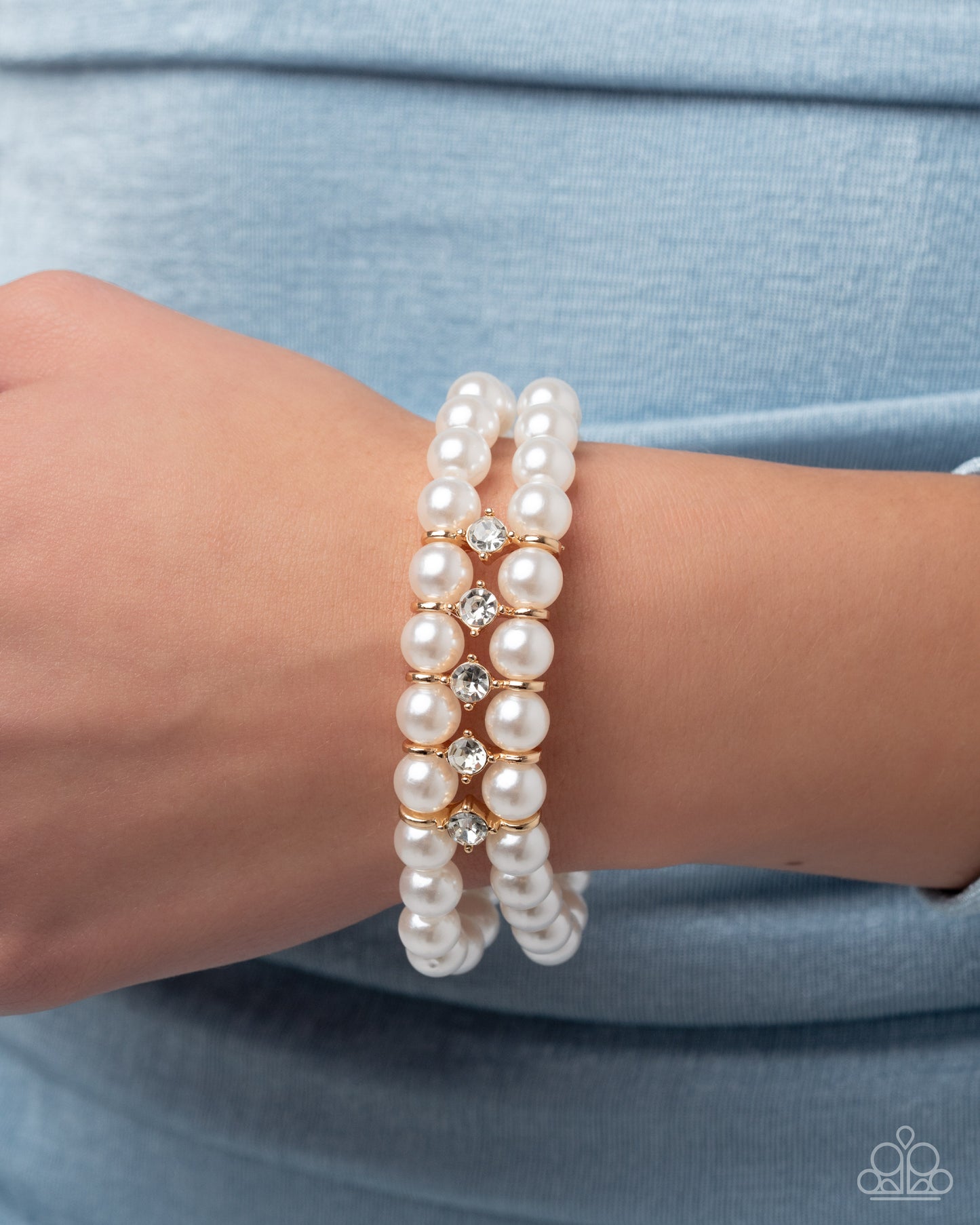 Paparazzi Paid in Pearls - Gold Fittings, White Pearls & Rhinestone Pearl Prowess Necklace & Pearl Potential Gold Stretch Bracelet Set