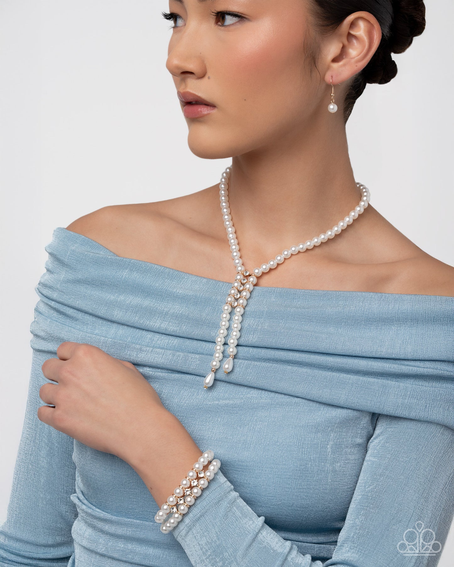 Paparazzi Paid in Pearls - Gold Fittings, White Pearls & Rhinestone Pearl Prowess Necklace & Pearl Potential Gold Stretch Bracelet Set