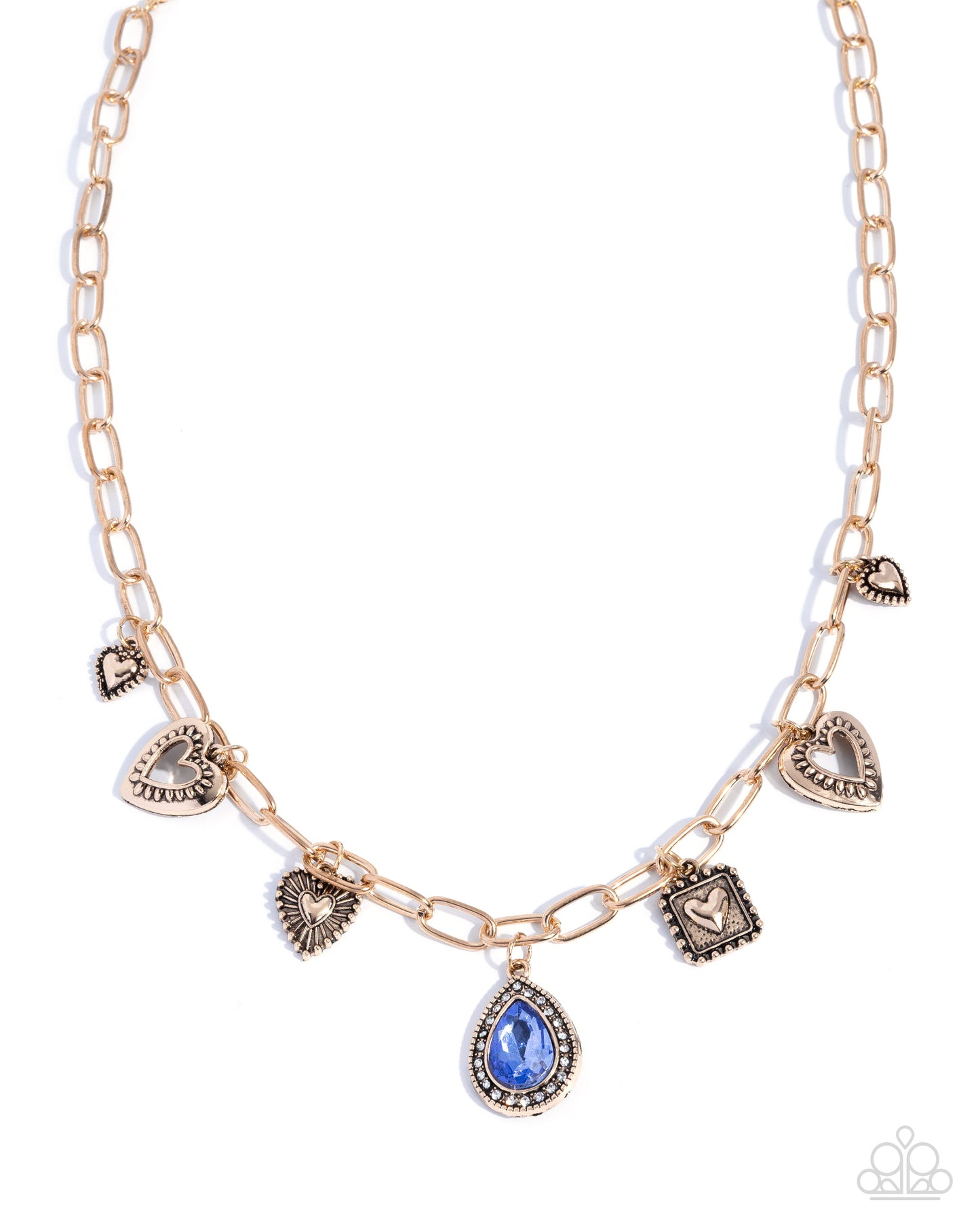 Paparazzi Flirtatious Framing - Blue Teardrop Gem Antiqued Gold Charm Style Necklace