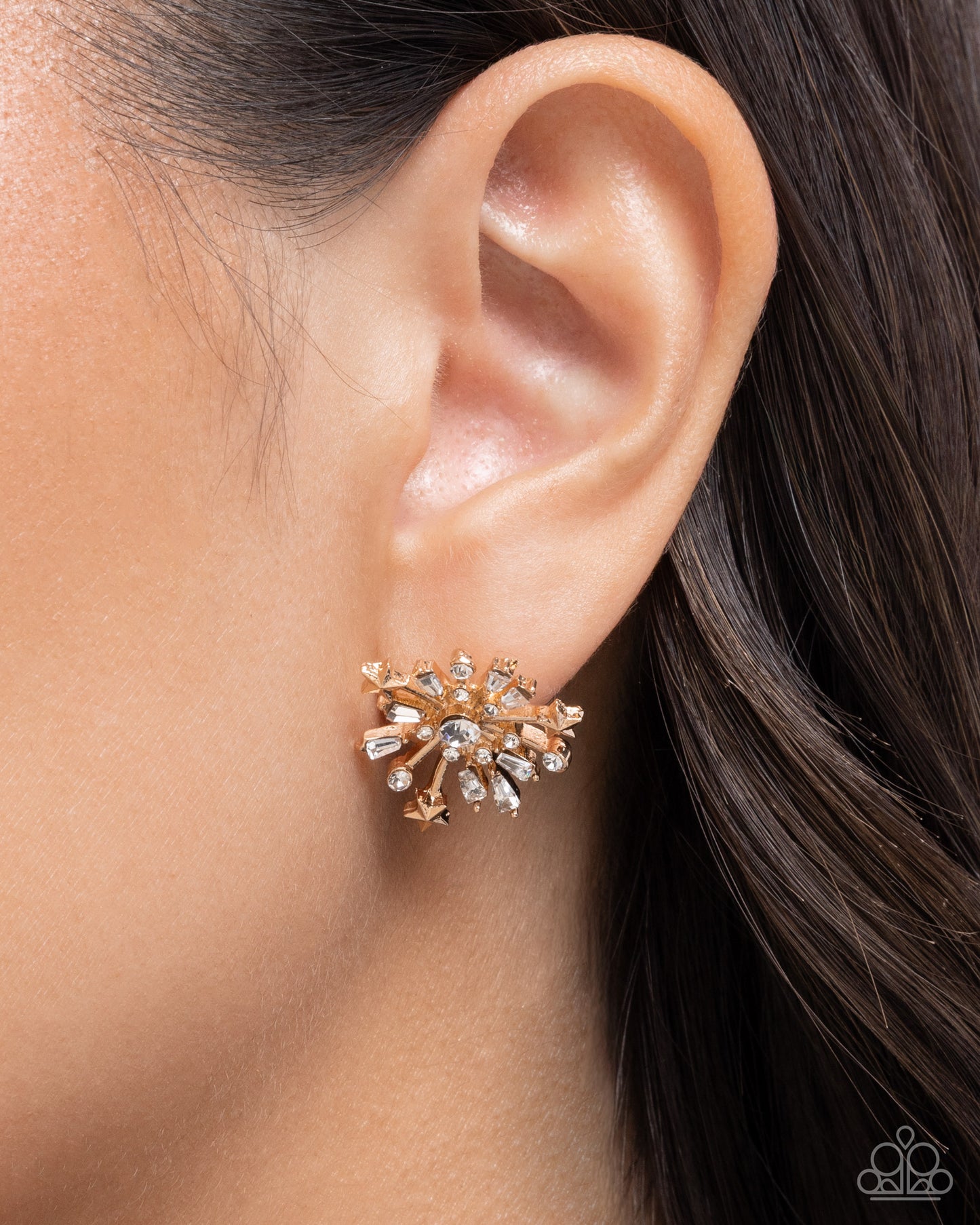 Paparazzi Firework Flair - Gold, White Rhinestone Firework Burst Style Post Earring E3328