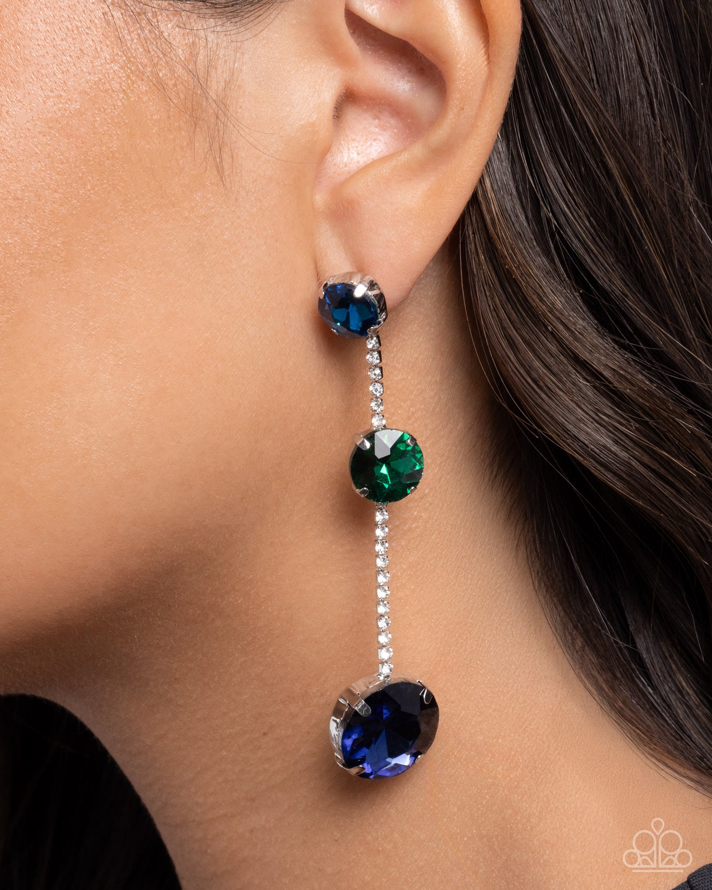 Paparazzi Lost in Chic - Blue, Green Gem & White Rhinestone Chandelier Earring E3264