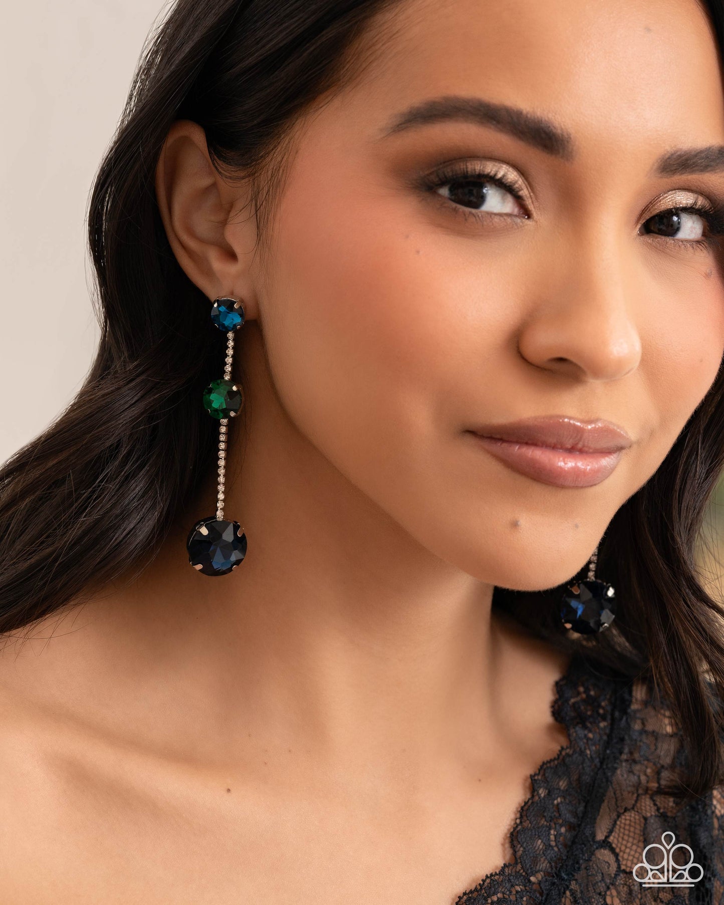 Paparazzi Lost in Chic - Blue, Green Gem & White Rhinestone Chandelier Earring E3264