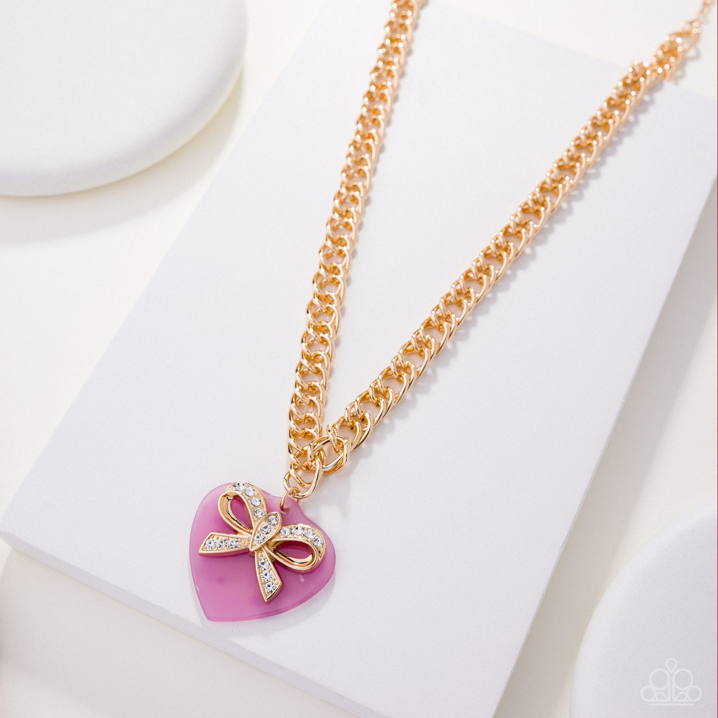 Paparazzi Coquette Cameo - Pink Acrylic Swirled Heart & Gold White Rhinestone Bow Necklace N3833