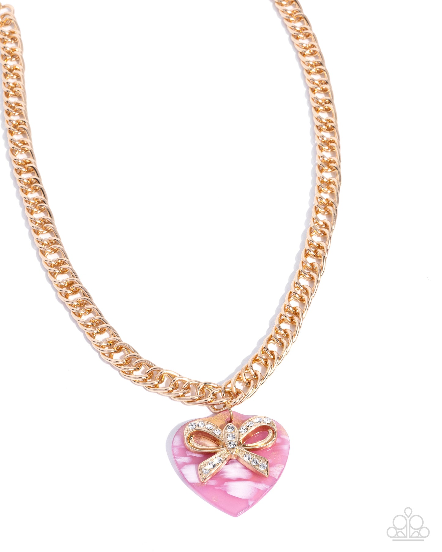 Paparazzi Coquette Cameo - Pink Acrylic Swirled Heart & Gold White Rhinestone Bow Necklace N3833