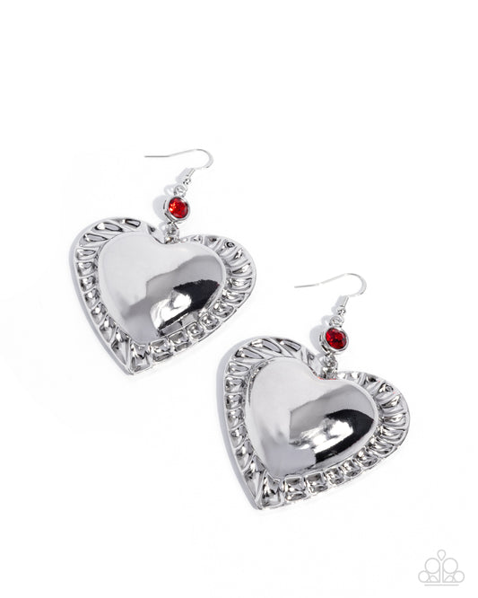 Paparazzi Smitten Sheen - Red Rhinestone Silver Oversized Heart Earring