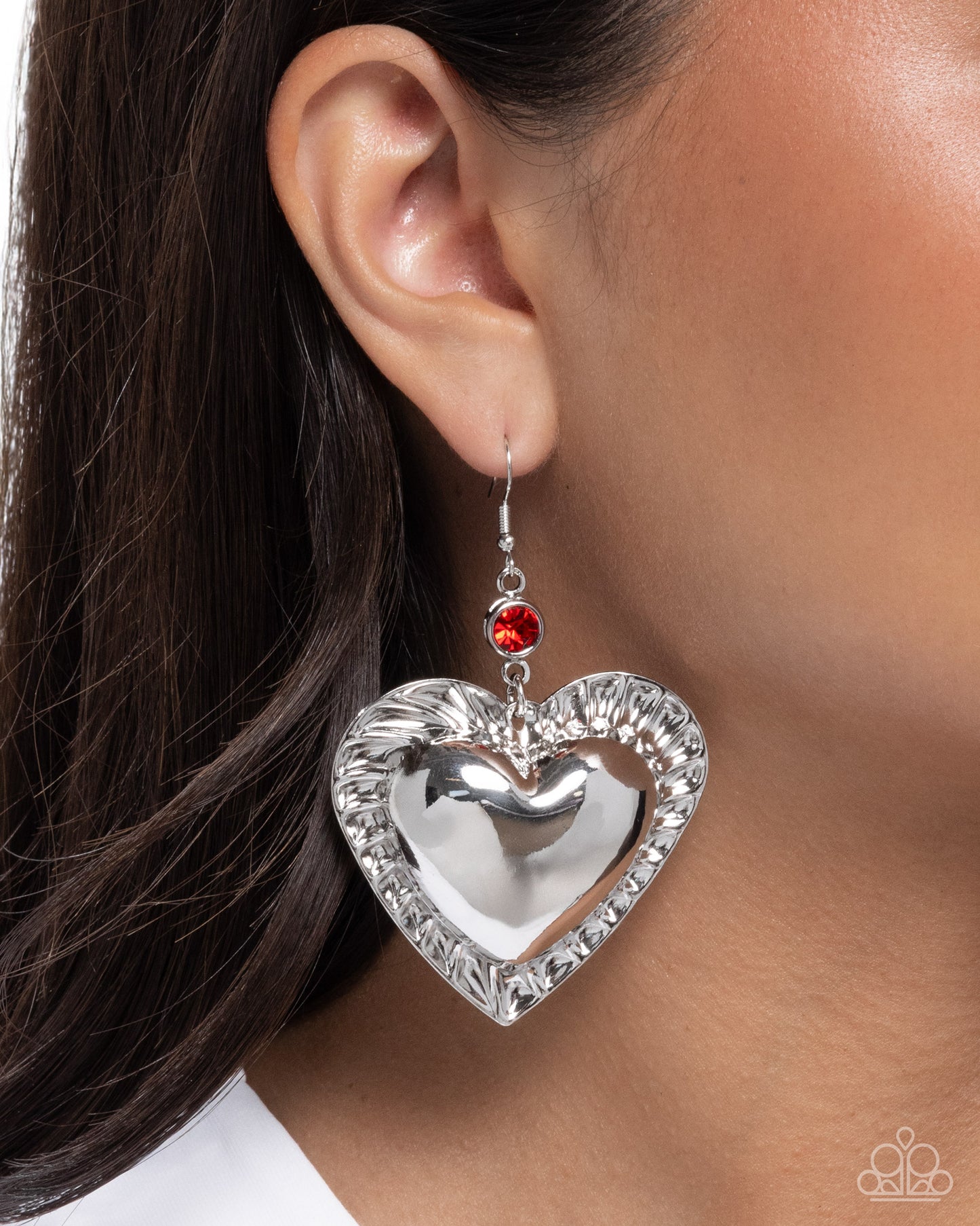 Paparazzi Smitten Sheen - Red Rhinestone Silver Oversized Heart Earring